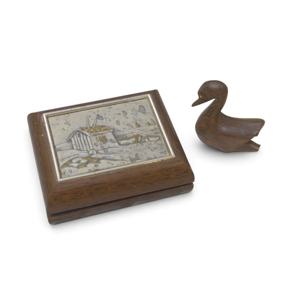 Vintage Wood Trinket Box Coastal Relief Art + Carved Duck Bird Figurine Lot